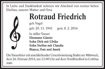 Traueranzeige von Rotraud Friedrich von lausitzer_rundschau