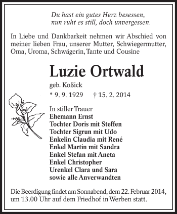 Traueranzeige von Lucie Ortwald von lausitzer_rundschau
