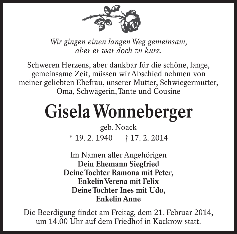  Traueranzeige für Gisela Wonneberger vom 19.02.2014 aus lausitzer_rundschau