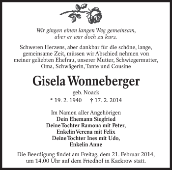 Traueranzeige von Gisela Wonneberger von lausitzer_rundschau