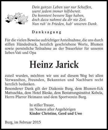 Traueranzeige von Heinz Jarick von lausitzer_rundschau