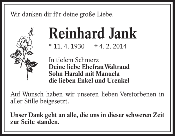 Traueranzeige von Reinhard Jank von lausitzer_rundschau