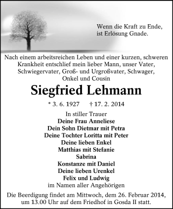 Traueranzeige von Siegfried Lehmann von lausitzer_rundschau