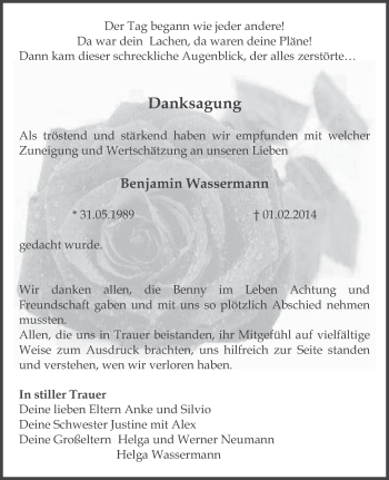 Traueranzeige von Benjamin Wassermann von lausitzer_rundschau