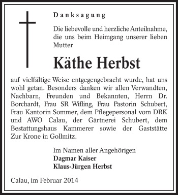 Traueranzeige von Käthe Herbst von lausitzer_rundschau
