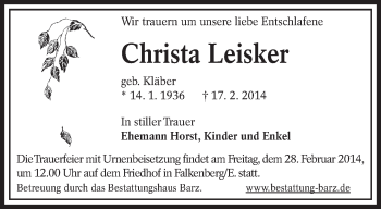 Traueranzeige von Christa Leisker von lausitzer_rundschau