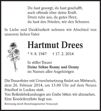 Traueranzeige von Hartmut Drees von lausitzer_rundschau