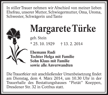 Traueranzeige von Margarete Türke von lausitzer_rundschau