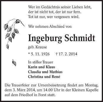 Traueranzeige von Ingeburg Schmidt von lausitzer_rundschau