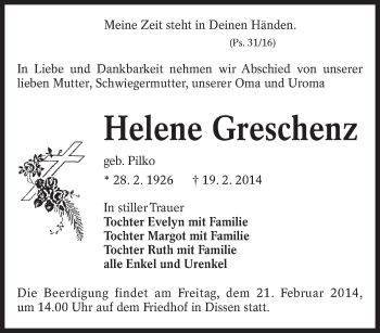 Traueranzeige von Helene Greschenz von lausitzer_rundschau