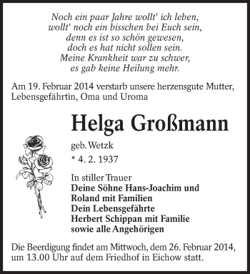 Traueranzeige von Helga Großmann von lausitzer_rundschau