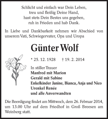 Traueranzeige von Günter Wolf von lausitzer_rundschau