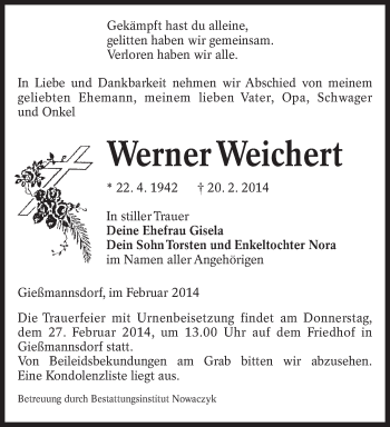 Traueranzeige von Werner Weichert von lausitzer_rundschau