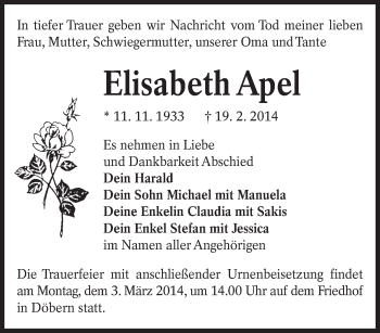 Traueranzeige von Elisabeth Apel von lausitzer_rundschau