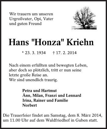 Traueranzeige von Hans Kriehn von lausitzer_rundschau