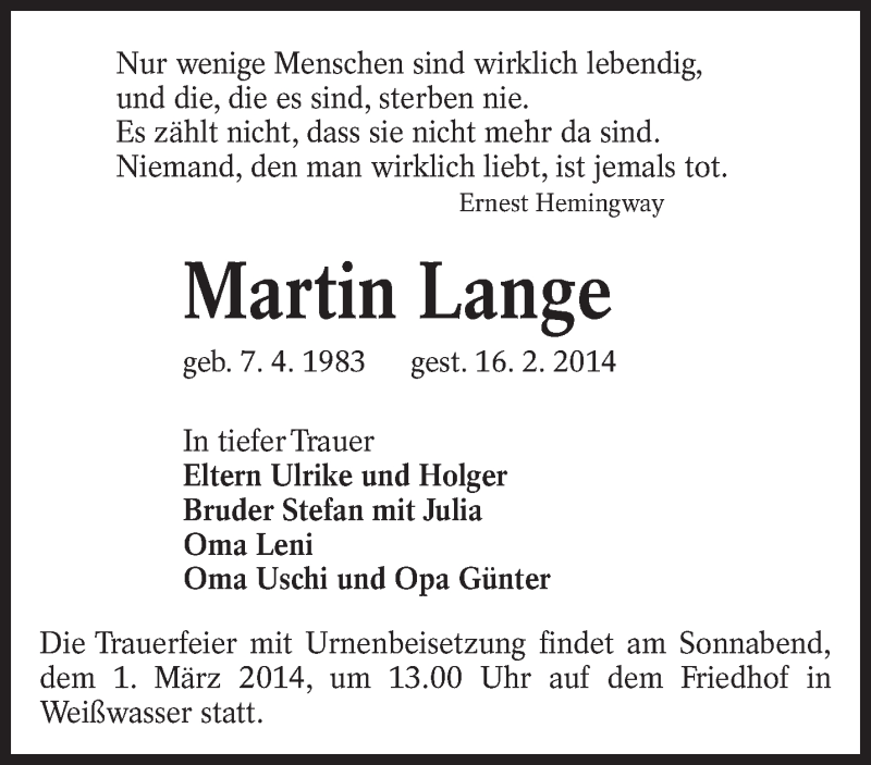  Traueranzeige für Martin Lange vom 24.02.2014 aus lausitzer_rundschau