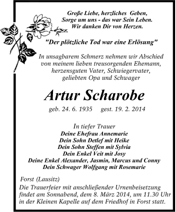 Traueranzeige von Artur Scharobe von lausitzer_rundschau