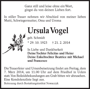 Traueranzeige von Ursula Vogel von lausitzer_rundschau