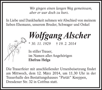 Traueranzeige von Wolfgang Alscher von lausitzer_rundschau