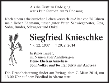 Traueranzeige von Siegfried Knieschke von lausitzer_rundschau