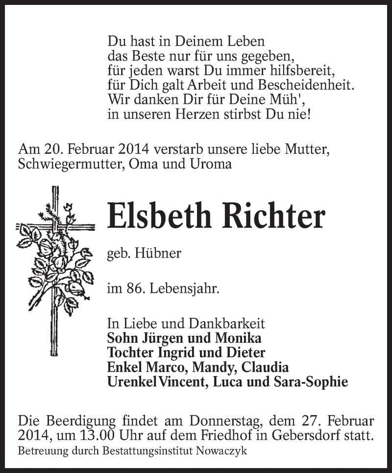  Traueranzeige für Elsbeth Richter vom 25.02.2014 aus lausitzer_rundschau