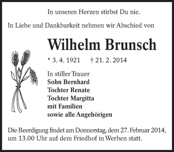Traueranzeige von Wilhelm Brunsch von lausitzer_rundschau