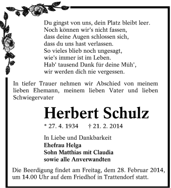Traueranzeige von Herbert Schulz von lausitzer_rundschau