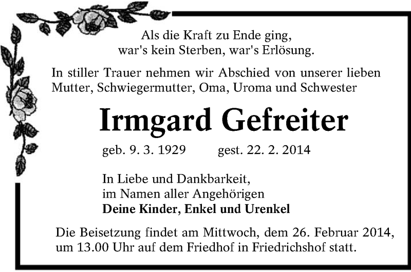  Traueranzeige für Irmgard Gefreiter vom 25.02.2014 aus lausitzer_rundschau