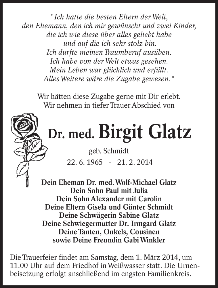  Traueranzeige für Birgit Glatz vom 25.02.2014 aus lausitzer_rundschau