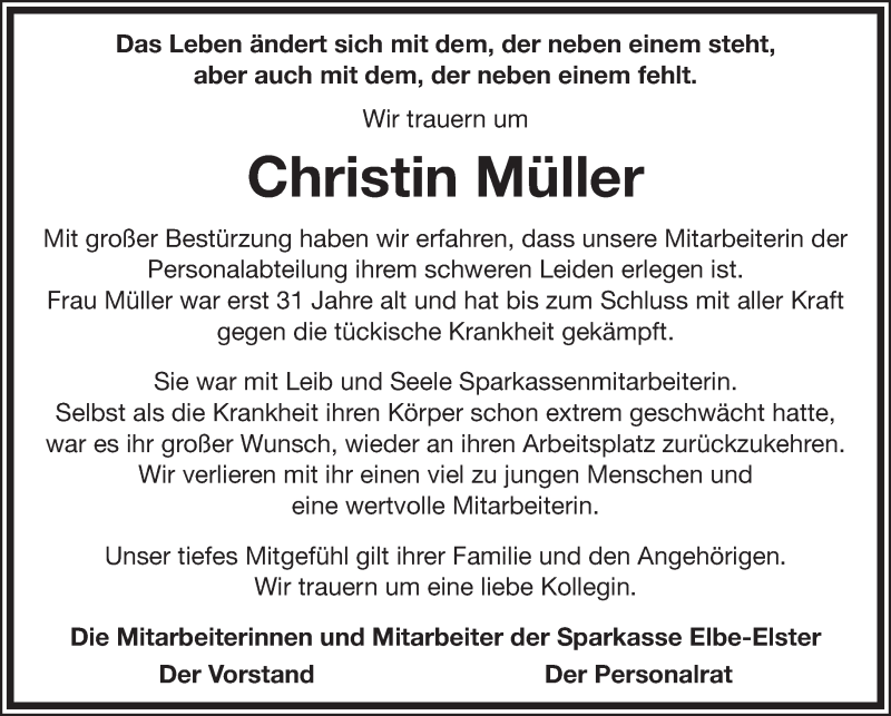  Traueranzeige für Christin Müller vom 01.03.2014 aus lausitzer_rundschau