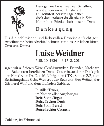 Traueranzeige von Luise Weidner von lausitzer_rundschau