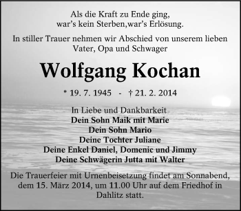 Traueranzeige von Wolfgang Kochan von lausitzer_rundschau