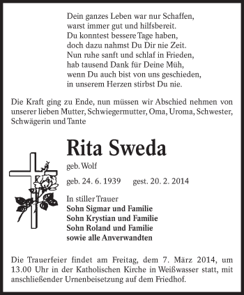 Traueranzeige von Rita Sweda von lausitzer_rundschau