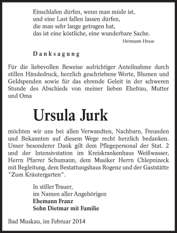 Traueranzeige von Ursula Jurk von lausitzer_rundschau