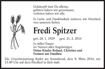 Traueranzeige von Fredi Spitzer von lausitzer_rundschau