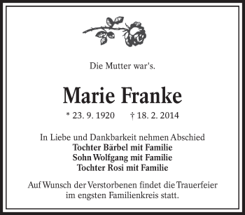 Traueranzeige von Marie Franke von lausitzer_rundschau