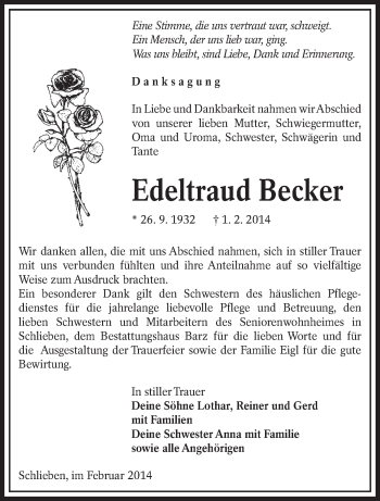 Traueranzeige von Edeltraud Becker von lausitzer_rundschau