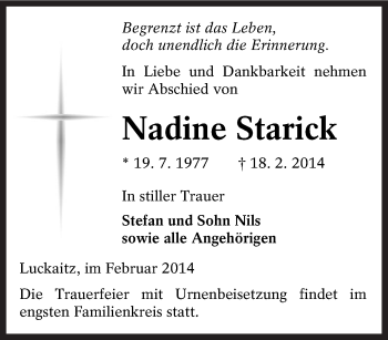 Traueranzeige von Nadine Starick von lausitzer_rundschau