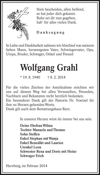 Traueranzeige von Wolfgang Grahl von lausitzer_rundschau