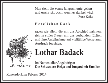 Traueranzeige von Lothar Badack von lausitzer_rundschau