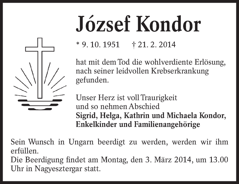  Traueranzeige für Jozsef Kondor vom 28.02.2014 aus lausitzer_rundschau