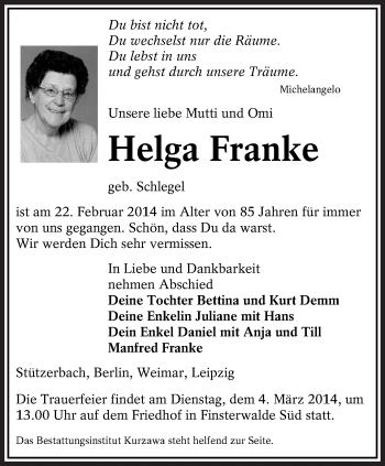 Traueranzeige von Helga Franke von lausitzer_rundschau