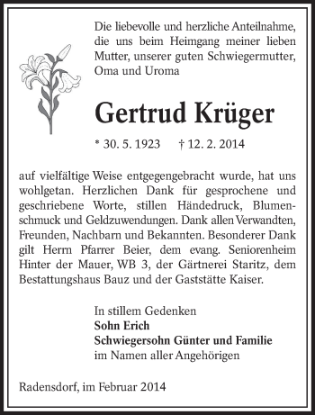 Traueranzeige von Gertrud Krüger von lausitzer_rundschau
