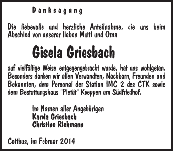 Traueranzeige von Gisela Griesbach von lausitzer_rundschau