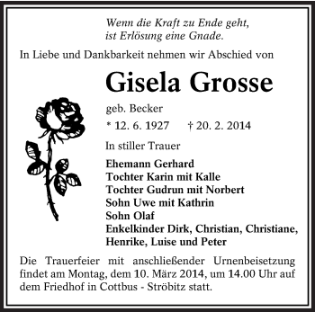 Traueranzeige von Gisela Grosse von lausitzer_rundschau