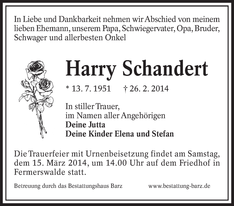  Traueranzeige für Harry Schandert vom 03.03.2014 aus lausitzer_rundschau