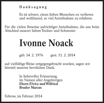 Traueranzeige von Ivonne Noack von lausitzer_rundschau