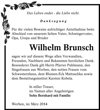 Traueranzeige von Wilhelm Brunsch von lausitzer_rundschau