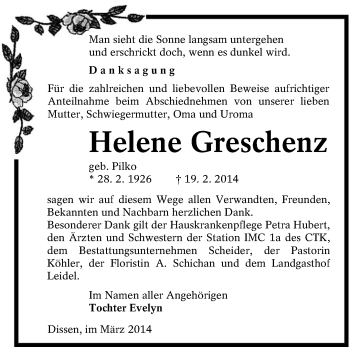Traueranzeige von Helene Greschenz von lausitzer_rundschau