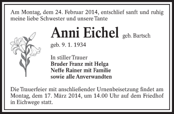 Traueranzeige von Anni Eichel von lausitzer_rundschau